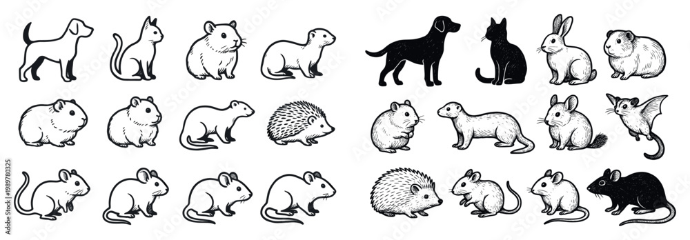 Obraz premium Animal icons with dog cat rodent minimal