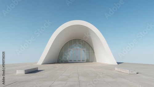 Futuristic minimalist white dome building with glass doors and benches under clear blue sky, symmetrical modern architecture