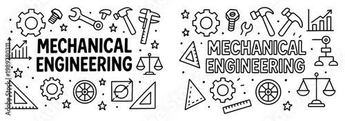 Mechanical engineering icons with gear wrench caliper outline