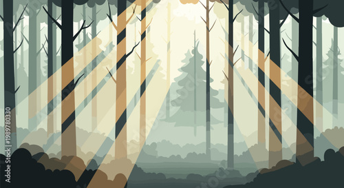 Sunbeams filter through misty forest trees, creating ethereal light rays.