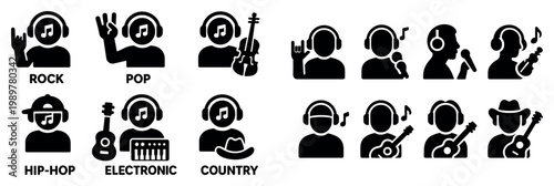Music icons with guitar headphone microphone bold