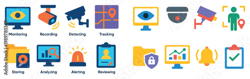 Security icons with camera monitor folder colorful