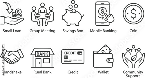 financial icons set including loan, banking, credit, and savings