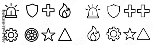 Safety icons with siren shield fire outline