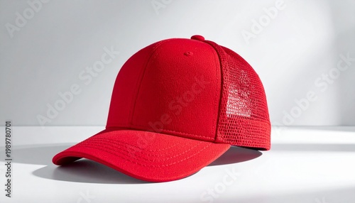 Red Trucker Cap Mockup with Mesh Back, Dramatic Lighting