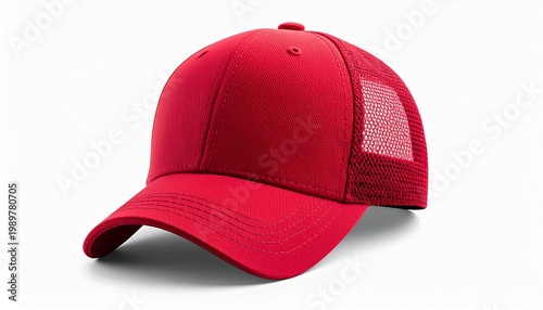 Red trucker hat with mesh back, front view, isolated on white