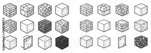 Construction icons with brick stone glass sketch