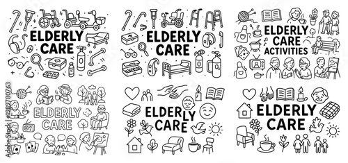 Elderly care activities and support icons set
