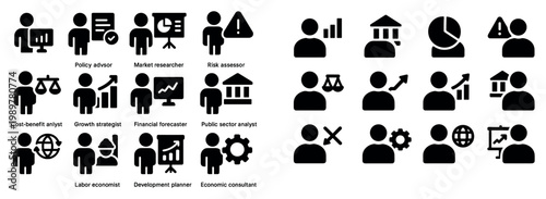 Business icons with person chart bank minimal