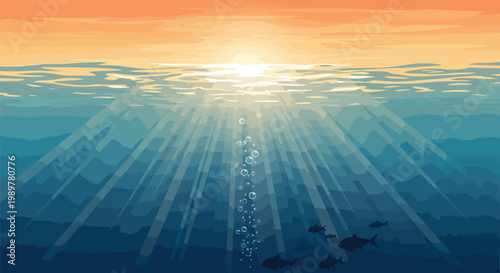 Underwater Sunlight Rays Shining Through Ocean Surface, Bubbles and Fish