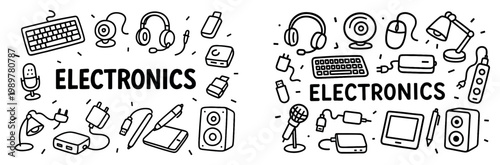 Electronics icons with keyboard headphones tablet outline