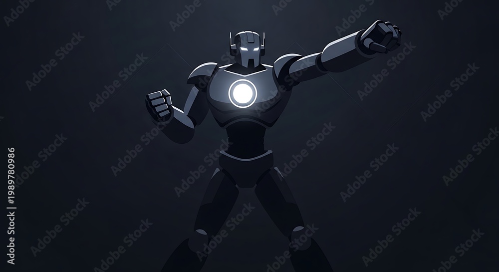 Fototapeta premium A powerful robot stands heroically in a dark background with a glowing light