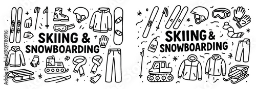 Skiing icons with skis snowboard jacket playful