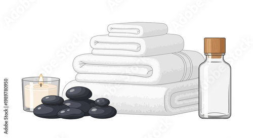 Spa setup with stacked white towels, candles, stones, and bottles on a table indoors