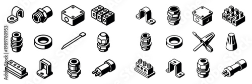 Industrial icons with nut bolt washer outline style