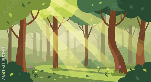 Sunlight beams through a lush green forest, illuminating a winding path.