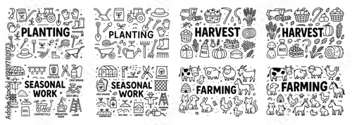 Farming and harvesting elements doodle set