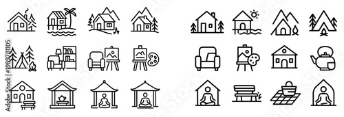 Cottage icons with house cabin tree outline
