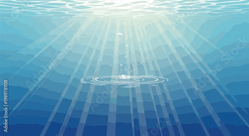 Sunlight Rays Underwater, Ripples on Water Surface, Bubbles Rising, Ocean Depth