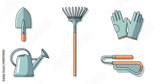 A set of gardening tools including a shovel, rake, gloves, pruners and watering can.