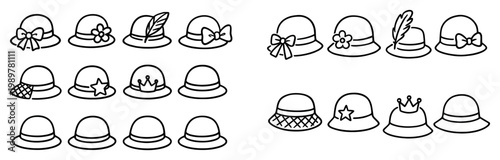 Fashion icons with bow hat feather outline