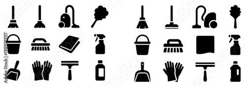 Cleaning icons with broom vacuum mop flat