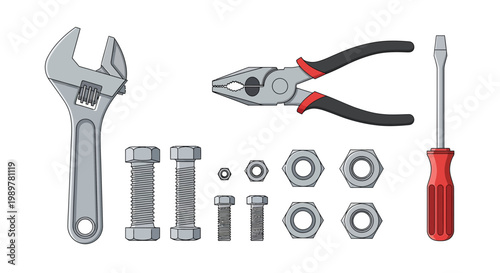 A collection of tools and hardware including wrench, pliers, screwdriver, bolts, nuts, and washers on a flat surface.
