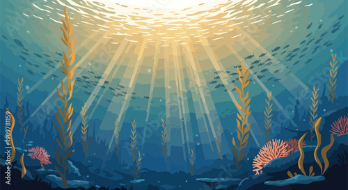 Underwater Sunlight Rays, Ocean Plants, Coral Reef, Small Fish, Deep Sea