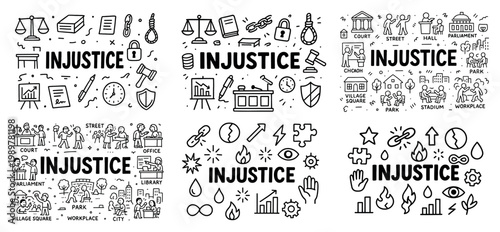 Justice symbols and injustice concept set