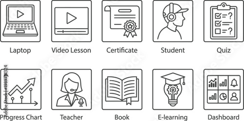 E learning icons set, educational symbols for online courses and digital learning