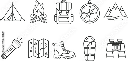Camping icons set with tent, campfire, backpack, compass, and hiking gear
