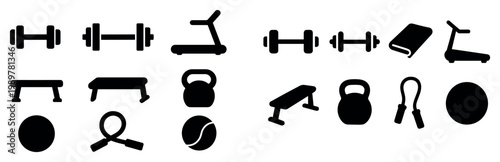 Fitness icons with dumbbell treadmill kettlebell flat