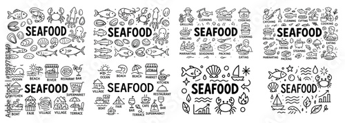 Hand-drawn seafood illustrations and icons collection
