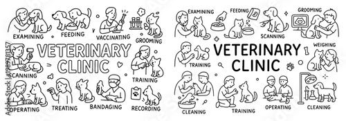 Veterinary clinic icons with dog cat handdrawn
