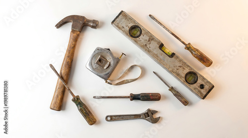 A collection of worn and weathered construction tools laid out on a white surface