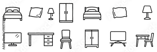 Bedroom icons with bed wardrobe and lamp outline