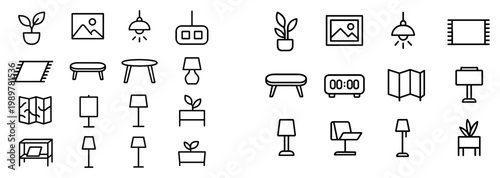 Home decor icons with plant lamp table outline