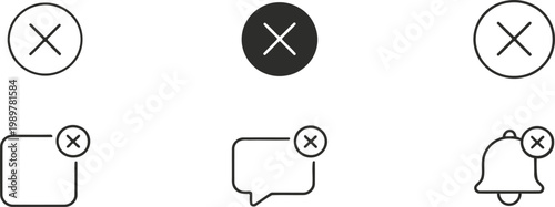 Black and white line art icons various shapes with 'x' markings and communication symbols
