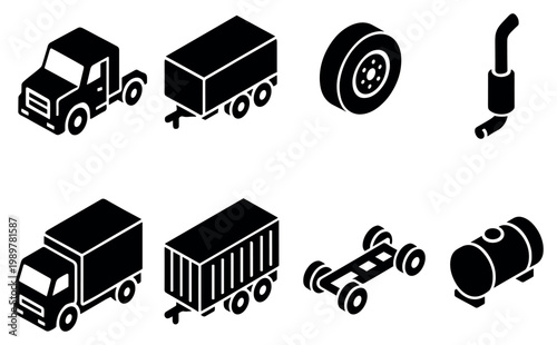 Transportation icons with truck trailer wheel solid