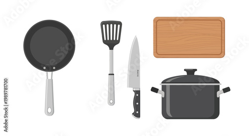 A kitchen scene with frying pan, utensils, cutting board, and pot on counter