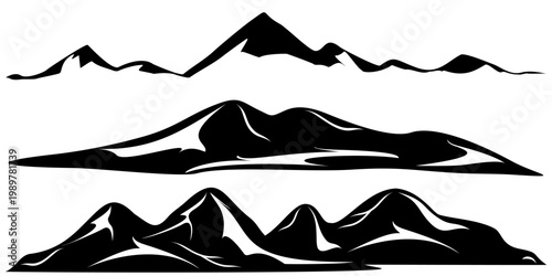 Set of doodles of snowy mountains silhouette illustrations, flat isolated on white background, vector