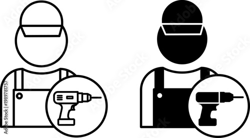 Handyman Icons. Line and Glyph Vector Icons. Worker and Drill. Person Performing Minor Repairs and Maintenance Around the Home. Repair Concept