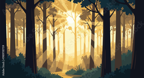 Golden Sunbeams Through Forest Trees, Nature's Light Rays, Peaceful Woodland Scene