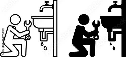 Repairing Icons. Line and Glyph Vector Icons. A Plumber with a Wrench Fixing a Leaky Faucet. Housework, Services, and Maintenance. Repair Concept