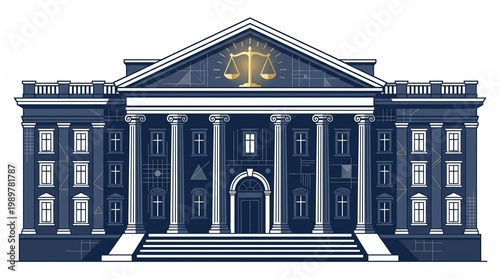 grand courthouse building facade with classical columns and a glowing abstract justice scale integrated into the architecture