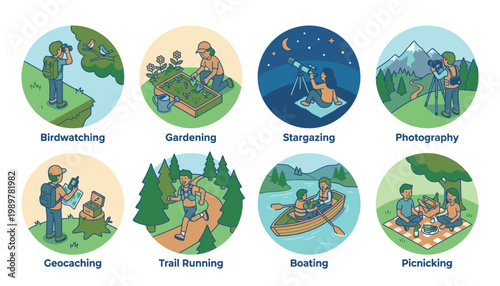 Outdoor activities icons with people illustrations.