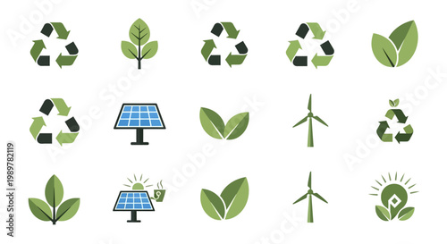 Set of environmental sustainability icons including green recycling symbols, various leaf shapes, solar panels with sun, wind turbines, and eco-friendly energy graphics on white.