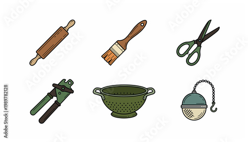 Collection of kitchen and art tools.