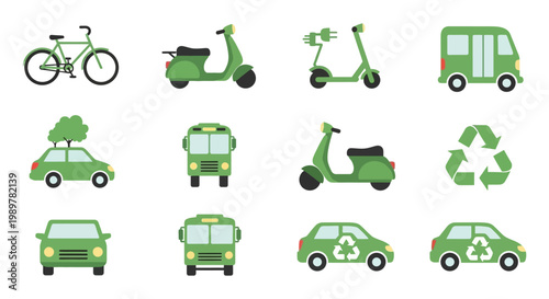 Set of green eco-friendly transport vector icons featuring a bicycle, electric moped, kick scooter with plug, green car, public bus, and recycling symbols for sustainable mobility design.