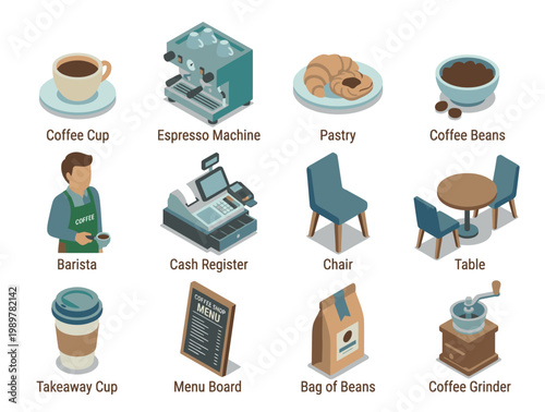 Coffee shop menu items and equipment.